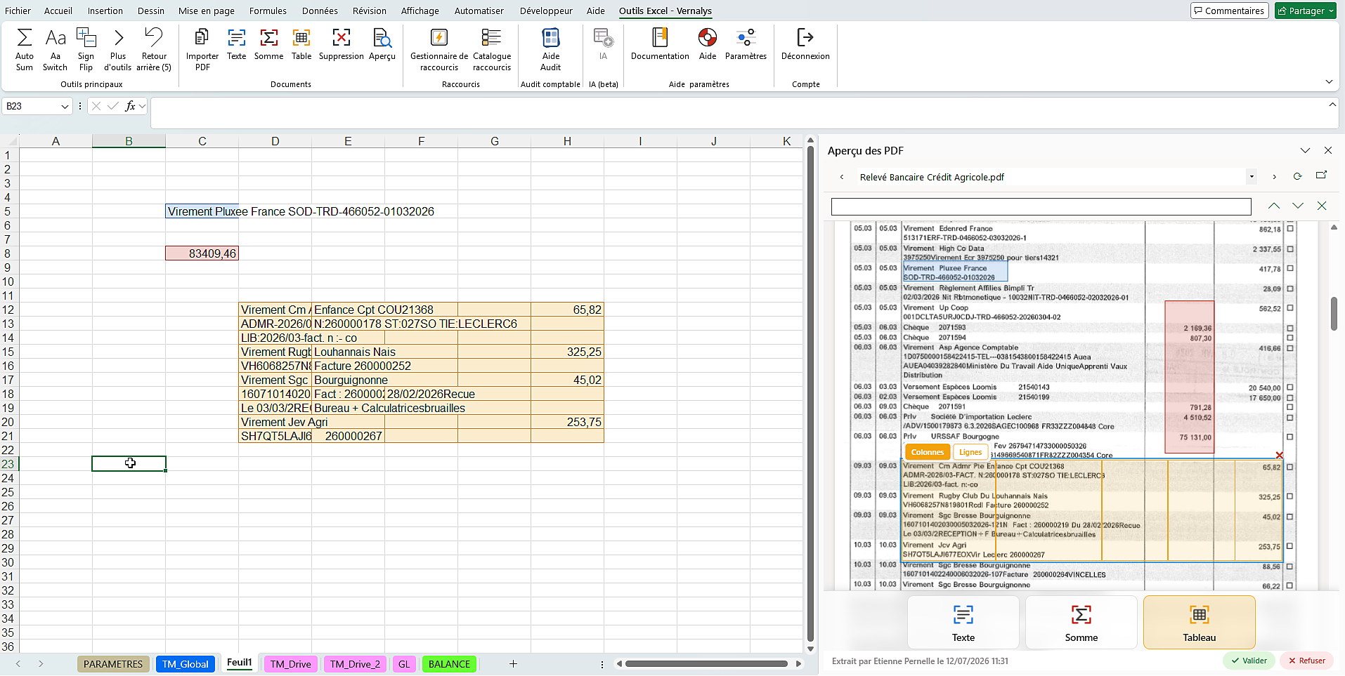 Complément Excel Vernelys